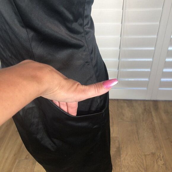 Margit Brandt Copenhagen Black Satin Cocktail Dress M Pencil Sheath Pockets Chic - Picture 7 of 12
